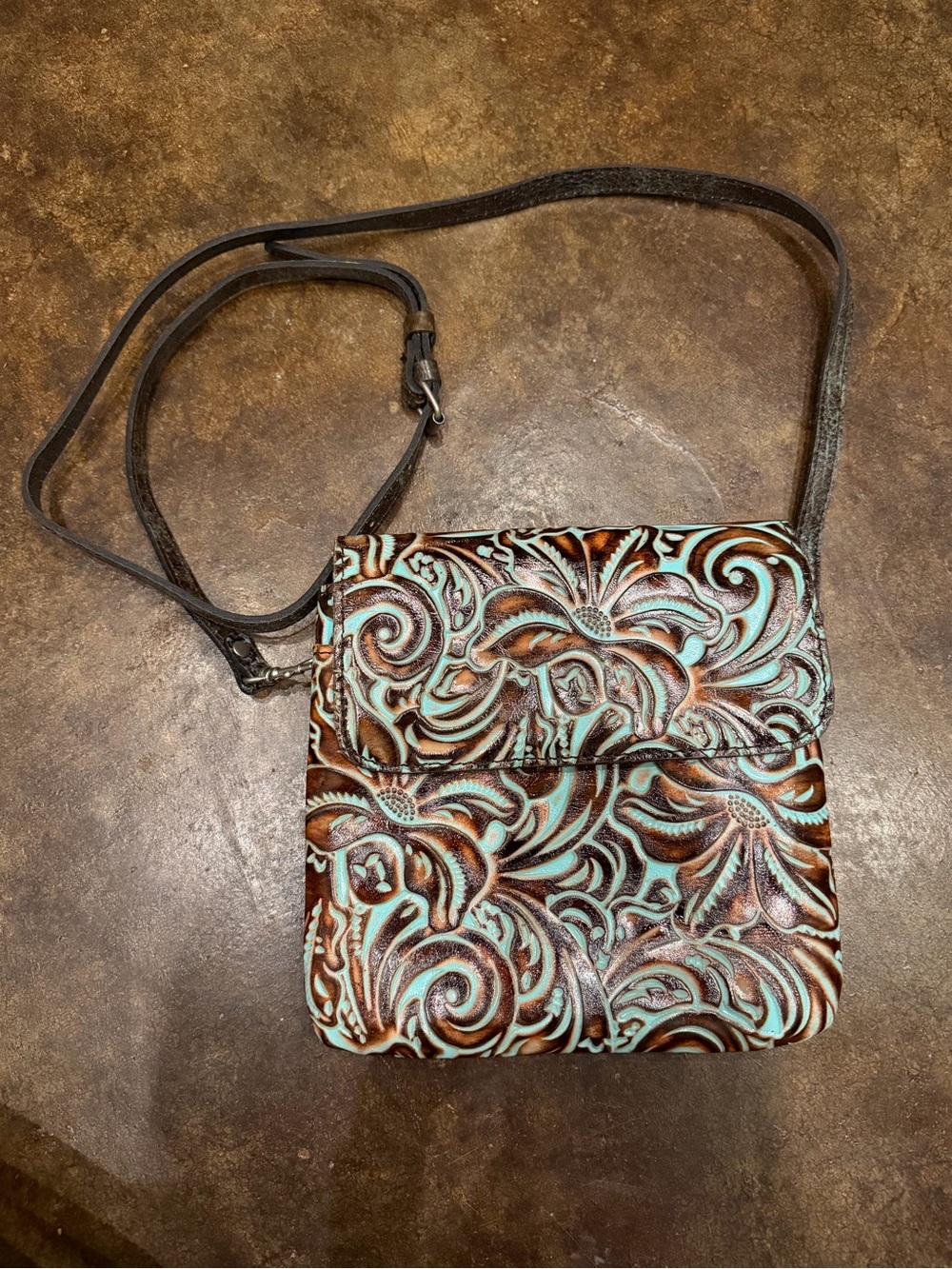 Patricia Nash Turquoise and Brown Tooled Leather Crossbody Bag